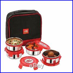 Cello Max Fresh Supremo Stainless Steel Lunch Box Set, 300ml, Set of 4, Red Top